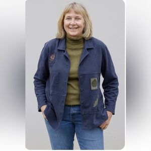 Onque Casuals Button Up Shirt Shacket Blue Waffle Knit Thermal Patches Size M